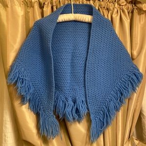 New blue crochet BOHO shawl Petite-24” neck to point w/out 3 1/2” fringe